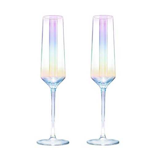 Gutsdoor Crystal Champagne Flutes Glass Set of 2 Iridescent Champagne Glass Flutes Wedding Christmas Valentine Cheers Champagne Flutes