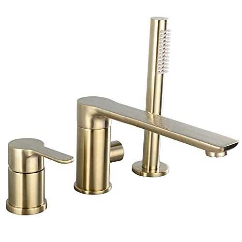 3-Hole Bathtub Tap Gold Single Handle Three Holes Bathtub Mixer Tap with Pull Out Hand Shower Bathroom Tub Tap 180 Rotation Cold and Cold