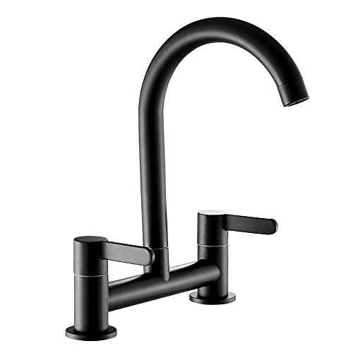 Ghopy Dual Lever Kitchen taps Mixers 2 Hole Deck Mounted Cold and Hot Mixer Tap Modern 360° Swivel Spout Brass Basin Black Faucet with UK Standard Fittings 5 Years Warranty (Black)