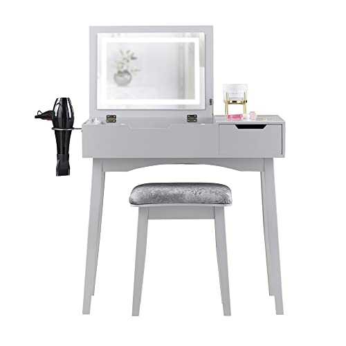 CARME Selena Dressing Table Flip Top LED Light Mirror Side Drawer Stool Set Vanity Dresser Bedroom Furniture Makeup Jewellery Storage Grey