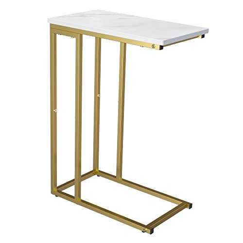 Yusong Small C Shaped End Table, Slim Narrow Couch Side Tables Slide Under Sofa Bed, Skinny Snack Tray Table for Coffee Laptop in Living Room,Easy Assembly, Gold and White Marble