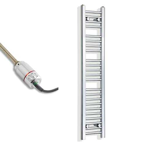 companyblue 250mm Wide Chrome Thermostatic Electric Heated Pre-Filled Towel Rail Radiator Flat Ladder for Stylish Bathroom (1200 x 250 mm)