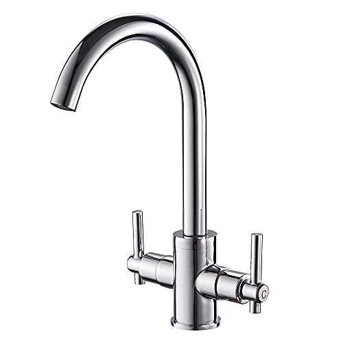 Heable Kitchen Mixer Tap Dual Lever Monobloc Swivel Spout Chrome Sink Taps Brass with UK Standard Fittings