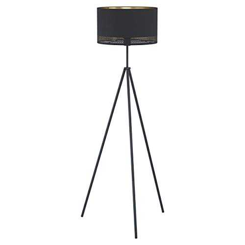 EGLO Tripod floor lamp Esteperra, vintage and retro standing light made of steel and fabric in black and gold, living room lighting with foot switch, E27 socket