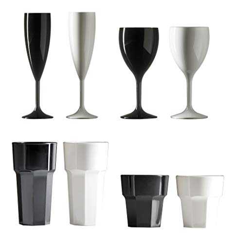 Remedy Polycarbonate Black and White Party Drinkware Set with 48x Champagne Flutes, 48x Wine Glasses, 48x Hiball Tumblers and 48x Short Tumblers (Set of 192)