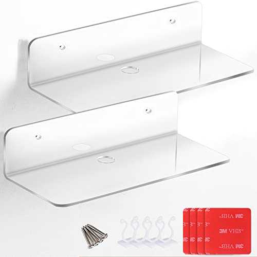 Acrylic Floating Shelves Set of 2, Versatile Self Adhesive Small Shelf That Utilizes Wall Space for Book Picture, Plant, Security Cameras Speaker, No Drill Display Shelf with Cable Clips(Transparent)