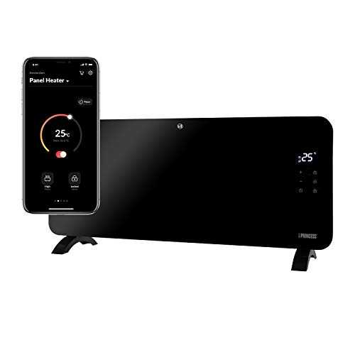 Princess Glass Smart Panel Heater, 1500 W, Black, Smart Control and Free App, Works with Alexa
