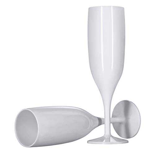12 x White Prosecco Flutes – Made from Strong Reusable Plastic in Glossy Bright White Colour 1-Piece Champagne Glass (Pack of 12 Glasses) for use Indoors and Outdoors, Wedding, Parties, Bridal Shower