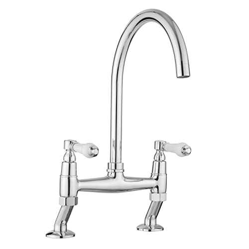 JASSFERRY White Handle 2 Hole Mixer tap with Swivel Spout Classic Deck Mounted Bridge Style Faucet Chrome