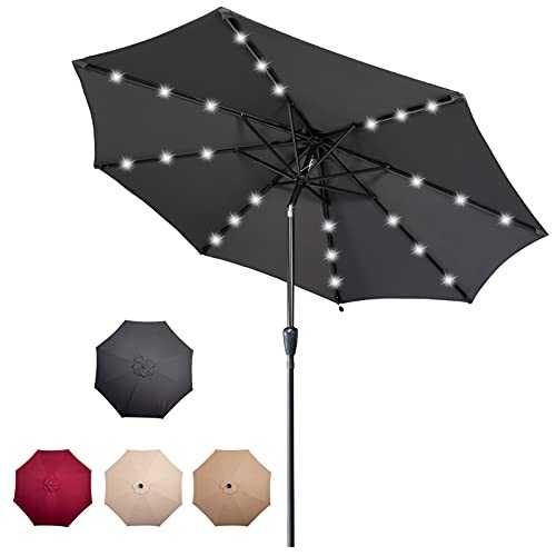 CAMORSA 2.7M Garden Parasol with Solar-Powered LED Lights, Patio Umbrella with 8 Sturdy Ribs, Outdoor Sunshade Canopy with Crank and Tilt Mechanism UV Protection for Deck, Patio and Balcony, Dark Grey