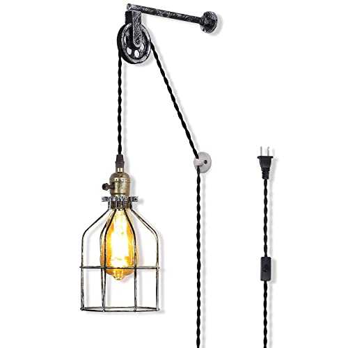 Modern Industrial Rustic Cage Wall Lamp Lift Pipe Pulley Wall Lights Fixture - Retro Pendant Lamp Adjustable with Plug in Cord - Wall Sconce for Indoor Living Room Restaurant (with no Bulb,Silver)