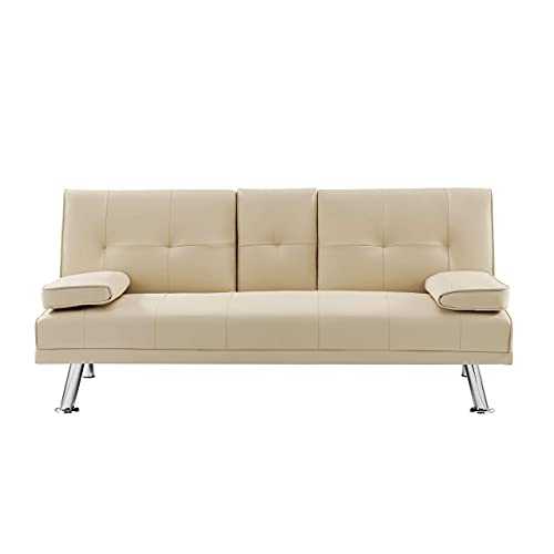 BRAVICH Modern Manhattan CREAM IVORY Cinema Faux Leather 3 Seater Sofa Bed Folding Table Couch Settee Click Clack Sofa Bed Recliner Bed Sofa