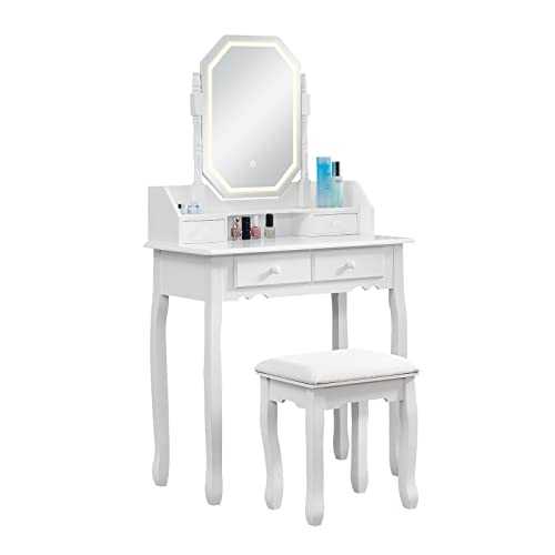 CLIPOP White Dressing Table with Touch LED Lights Mirror Cosmetic Table Dresser with 4 Drawer and Stool, Women Girl Bedroom Vanity Makeup Table Furniture (80 * 40 * 146 cm)