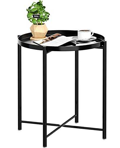 JANE EYRE Tray End Table, Small Round Side Table, Accent Coffee Table, Anti-Rust and Waterproof Outdoor & Indoor Metal Snack Table with Removable Tray, Sofa Table, (H) 20.6" x (D) 17.5" - Black