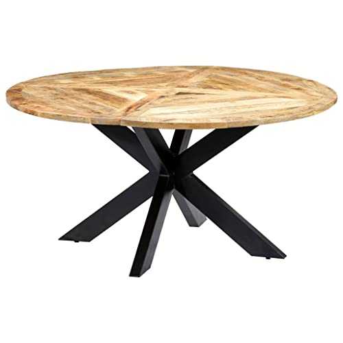 vidaXL Solid Mango Wood Dining Table Round Powder-Coated Iron with 3 Leg Base Stable Durable Dining Room Table Kitchen Furniture Brown 150cm