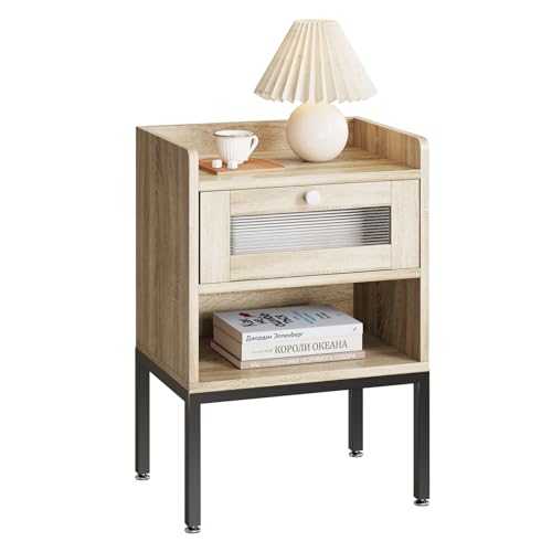 TREETALK Nightstand, Side Table with Glass Decorative Drawer, Sofa End Table with Storage Shelf and Raised Edge Wooden Board for Bedroom Living Room
