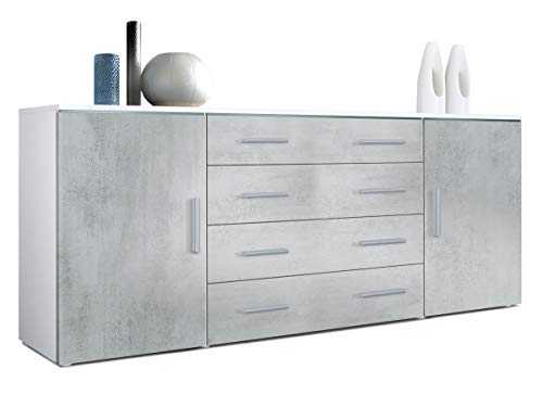 Vladon Sideboard Chest of Drawers Faro V2 in White matt/Fronts in Concrete Grey Oxide