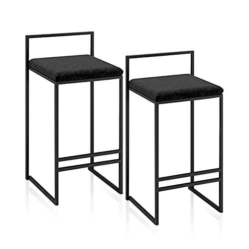 J-HOME Barstools Dining Chair | Full Backed Black Metal Bar Stools, Footrest Stool Flannel Cushion Seat with & Back, Pub Café Room Kitchen Counter (Black, set of 2 65cm)