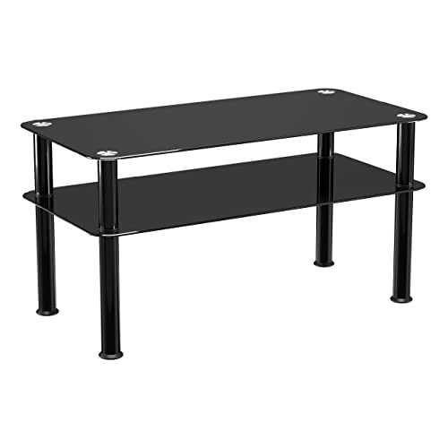 mahara Black Glass Coffee Table - Slimline side table with shelf and black aluminium legs - Small table W80cm x D40cm x H41.5cm