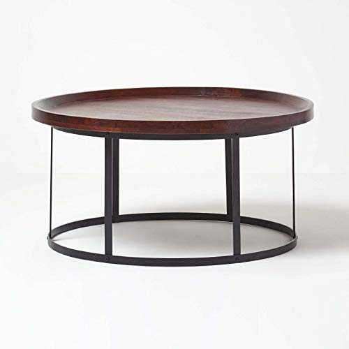 Homescapes Dark Wood Industrial Style Round Coffee Table with Steel Frame Support 100% Solid Mango Hardwood