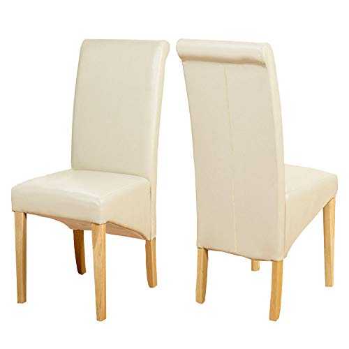 1home Set of 2 Faux Leather Dining Chairs Roll Top High Back with Solid Wooden Legs Oak Finish for Home & Commercial Living Room Bedroom Kitchen Restaurants Ivory