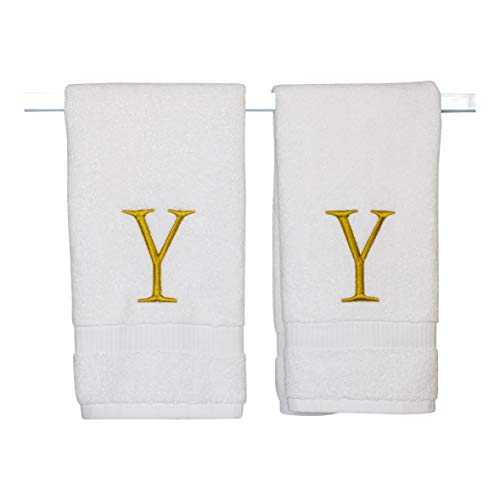 Monogrammed Hand Towels for Bathroom - Luxury Hotel Quality Personalized Initial Decorative Embroidered Bath Towel for Powder Room, Spa - GOTS Organic Certified - Set of 2 Gold Letter Y