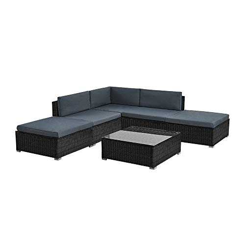 Panana Rattan Corner Sofa Set 5 Seater Lounge Furniture Set with Coffee Table Stool Garden Patio Conservatory Outdoor Black Wicker with Grey Cushions