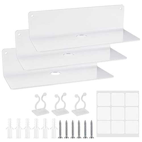3 Pcs Acrylic Floating Shelves, Wall Mounted Display Shelf Self Adhesive, Wall Storage Shelves for Bathroom Office Picture Ledge Book Plant Speaker, with Cable Clips, Stickers, Screws, Clear White