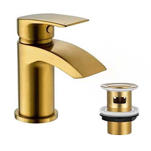 Mighbow Basin Mixer Taps Brushed Gold with Slotted Pop-up Waste Bathroom Sink Tap Waterfall Brass Monobloc Mono Cloakroom Taps with Hoses Single Lever 1 Hole