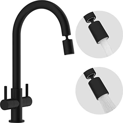 Kitchen Sink Tap,Hibbent Kitchen Sink Mixer Tap with Dual Function Aerator,Double Lever 360 Degree Swivel Spout Tap Mixer , Matte Black Brass Dual Lever with Hoses