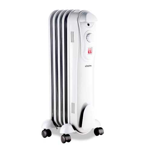 Schallen 1000W 5 Fin Portable Electric Modern Slim Oil Filled Radiator Heater with Adjustable Temperature Thermostat, 3 Heat Settings & Safety Cut Off - 1.5Kw White