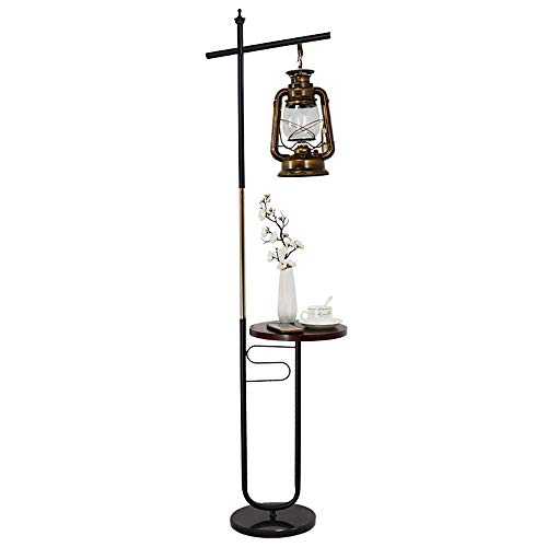 IW.HLMF Retro Style Floor Lamp, E27 Standing Reading Floor Light Living Room Lamps with Wood Table Wrought Iron Floor Lamps with Marble Base for Living Room Bedroom Bedside,Black