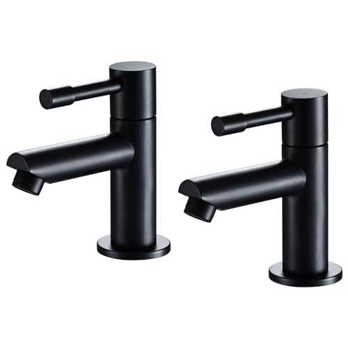 Wasserrhythm Basin Pillar Taps Pair Black Twin Bathroom Sink Mixer Taps Monobloc Matte Black Brass Cloakroom Faucets Traditional Mono 2PCs Hot and Cold Water 1/4 Turn Lever