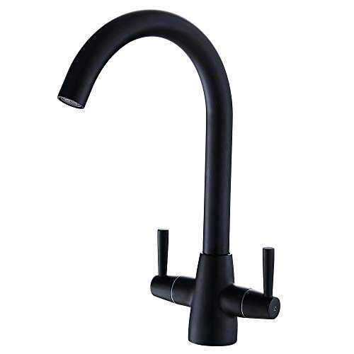 Heable Matte Black Kitchen Mixer Tap Dual Lever Swivel Spout Brass Sink Taps with UK Standard Fittings