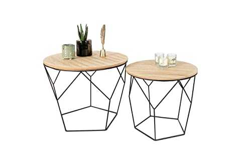 LIFA LIVING Set of 2 Side Tables for Living Room, Pre-assembled Geometric Contemporary Coffee Tables for Small Spaces, Metal & Removable Round Wooden Top, Bedroom Nesting End Bedside Tables, 20kg