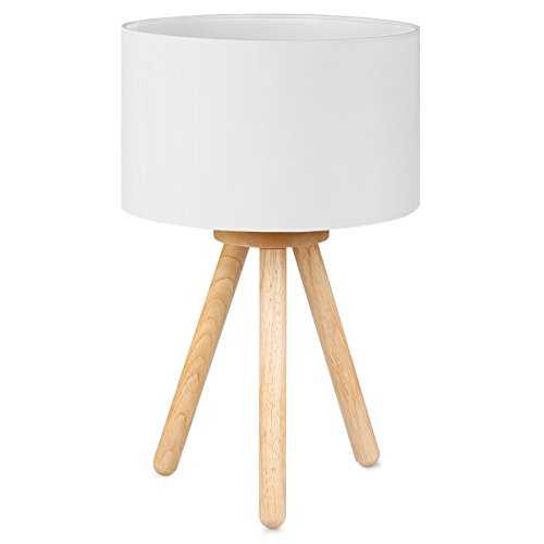 Tomons Wood Tripod Bedside Lamp, Simple Design with Soft Light for Bedroom Decorated in Warm and Cozy Ambience, Polyester White Fabric Lampshade, Packaged with 4W LED Bulb, Warm White Light, 39cm High