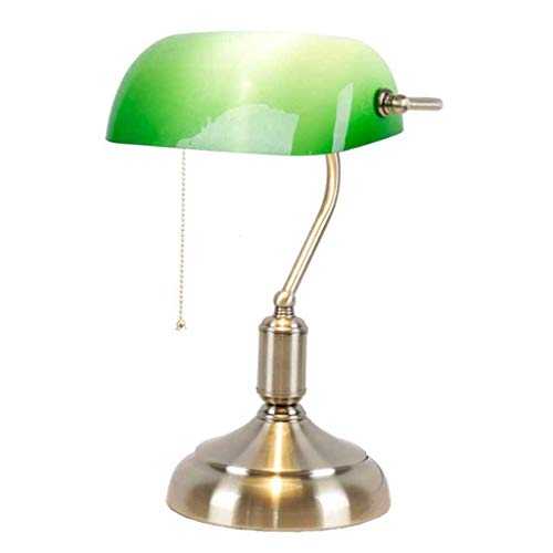 Traditional Small Banker's Lamp Vintage Desk Lamp Antique Copper Lamp Metal Piano Lamp with Green Glass Shade and Polished Brass Finish,Metal Beaded Pull Cord Switch,40.5cm ( Color : Button switch )