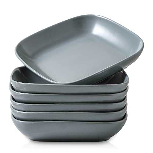 Selamica Porcelain 8 inch Square Dinner Plates, 30 ounces Salad Pasta Bowls, Dishwasher Microwave Safe, Set of 6, Matte Blue
