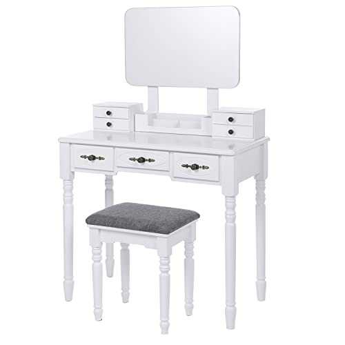 ANWBROAD Dressing Table Vanity Set Makeup Table Vanity Desk White Large Frameless Mirror Cushioned Stool Set Large 7 Drawers 3 Divider Removable Organizer For Bedroom Makeup Jewelry Storage BDT03W