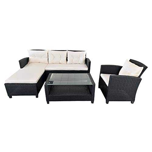 Panana Rattan Furniture Set 5 Seater Lounge Wicker Weave L-Shaped Corner Sofa Set with Coffee Table Single Chair Bench Garden Conservatory Outdoor Patio Poolside Black Wicker with Beige Cushion