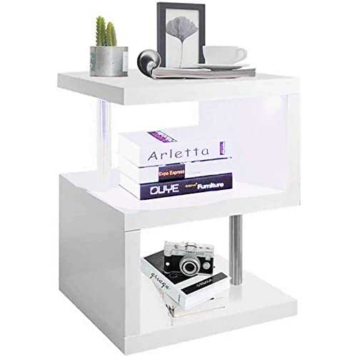 Dripex LED Side Table Small Coffee Table White High Gloss End Table 2 Tier Storage Shelves Unit for Living Room Bedroom