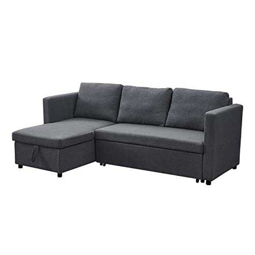 Corner Sofa Bed 3 Seater L Shape Grey Fabric W/Storage Living Room Furniture,Dark grey,
