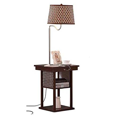 Brightech Madison - Narrow Nightstand with Built In Lamp, USB Port, Shelves for Bedrooms - Mid Century Modern End Table & Attached Floor Lamp For Living Room -Side Table & Reading Light - Havana Brown