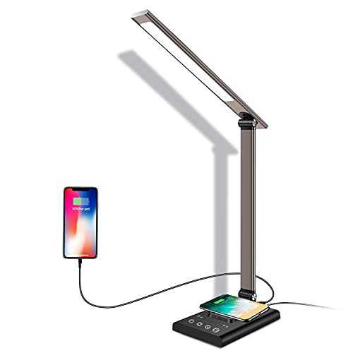 LED Desk Lamp with Fast Wireless Charger & USB Charging Port, 12W Table Lamp with 35 Dimmable Adjustable Lighting, 40min/1hr Timer, Eye-Caring Office Lamp for Home Office, Reading, Studying (Grey)