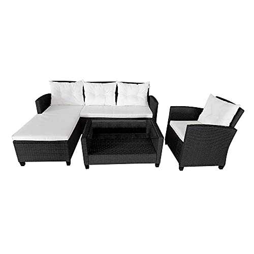 Panana Rattan Furniture Set 5 Seater Lounge Wicker Weave L-Shaped Corner Sofa Set with Coffee Table Single Chair Bench Garden Conservatory Outdoor Patio Poolside Black Wicker with Beige Cushion