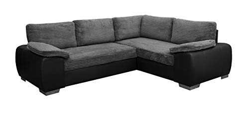 ENZO - CORNER SOFA BED WITH STORAGE - JUMBO CORD FABRIC LEATHER - RIGHT HAND SIDE ORIENTATION (GREY AND BLACK)