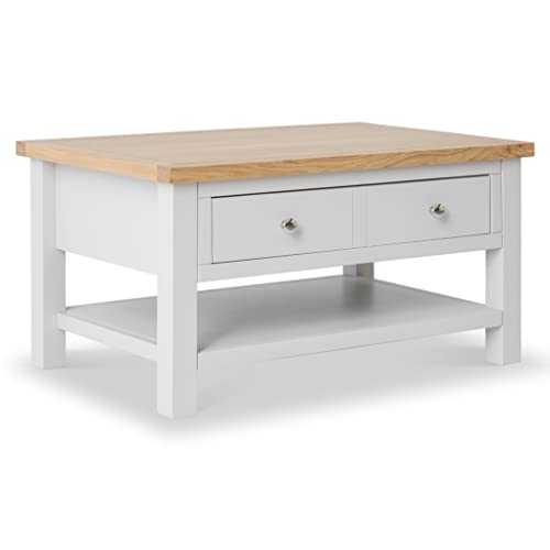RoselandFurniture Farrow Grey Large Coffee Table for Living Room with Storage Drawer, Shelves & Oak Top | Painted Solid Wooden Rectangular Unit | H:45 W:85 D:55 cm