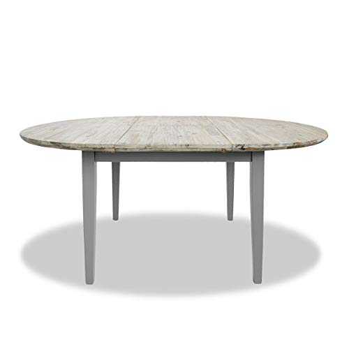 Florence large round/oval extending table (115-160cm). Stunning extendable 100% hardwood kitchen table in Dove Grey colour with thick limed hardwood top.