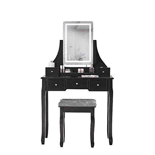 CARME Savannah Dressing Table LED Touch Mirror Light 5 Drawers Stool Set Dresser Bedroom Furniture Makeup Storage (Black)