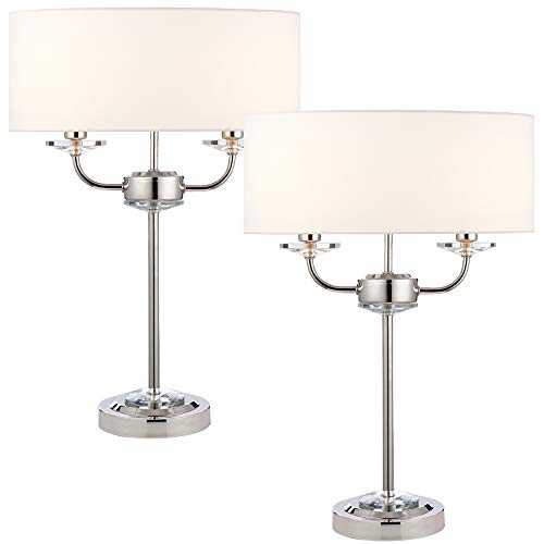 2 Pack | 2X 40W E14 | 540mm Tall Twin Light Table Lamp | Bright Nickel/Chrome & White Fabric Shade | Modern Decorative Bedroom Bedside Sideboard Office Desk Reading Multi Bulb Feature Lighting | LED